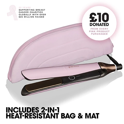 Image 1 - A pink GHD Chronos hair straightener next to a pink heat-resistant bag or mat with text that reads 22 YEARS SUPPORTING BREAST CANCER CHARITIES GLOBALLY WITH OVER $25 MILLION RAISED and text in a pink circle that reads £10 DONATED FROM EVERY PINK PRODUCT PURCHASED and text at the bottom that reads INCLUDES 2-IN-1 HEAT-RESISTANT BAG & MAT. Image 2 - A pink ghd chronos hair straightener is shown partially open on a pink background with the text 3X FASTER ONE STROKE STYLING. Image 3 - A pink ghd chronos hair styler is curling a section of pink hair STRAIGHTEN OR CURL DRY HAIR WITH NO HEAT DAMAGE Image 4 - A person with pink hair wraps a strand around a pink ghd Chronos styling tool. IDEAL FOR FASTER STYLING AND DEFINED RESULTS. SUITABLE FOR ALL HAIR TYPES. Image 5 - Several pink GHD hair styling tools are displayed with the text NEW GHD LIMITED EDITION PINK COLLECTION. Image 6 - A pink ghd hair straightener and a gold bottle of ghd heat protect spray with the text 01 GHD CHRONOS, 02 GHD BODYGUARD, POWER COUPLE, ghd bodyguard, ALL HAIR TYPES TOUS TYPES DE CHEVEUX, heat protect spray spray thermoprotecteur, e120 ml 4 FL OZ.