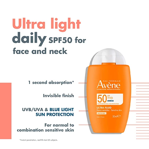 Image 1 - An orange sunscreen bottle labeled Ultra light daily SPF50 for face and neck with text indicating 1 second absorption, Invisible finish, UVB/UVA & BLUE LIGHT SUN PROTECTION, and For normal to combination sensitive skin.
Image 2 - A bottle of Avene sunscreen with an orange label displays SPF 50, highlights its ultra-light texture, non-sticky formula, UVA/UVB protection, and claims of 4-hour hydration, along with the text Eau Thermale Avène and Ultra Fluid Peaux sensibles - Sensitive skin.
Image 3 - A bottle of Avene SPF 30 sun spray is shown with the label indicating Invisible finish, UVB & UVA sun protection, water, sweat & sand resistant, and suitable for all skin types, alongside details such as 200 ml and Made in France.
Image 4 - A bottle of Avène sun care spray with a bright orange design labeled as SPF 30, featuring claims such as invisible finish, hydrating, water, sweat, and sand resistant, and UVB & UVA sun protection.