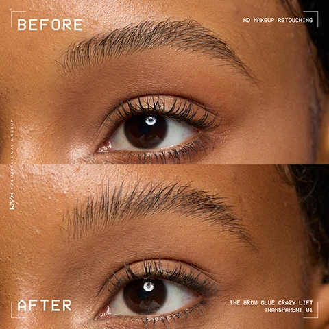 Image 1 - A split image shows a persons eye and eyebrow before and after using a brow product, with text BEFORE NO MAKEUP RETOUCHING NYX PROFESSIONAL MAKEUP AFTER THE BROW GLUE CRAZY LIFT TRANSPARENT 01. Image 2 - A tube of NYX The Brow Glue with a pink applicator is shown next to a swatch of product, against a purple background with yellow and black stripes. Text reads: NYX PROFESSIONAL MAKEUP THE BROW GLUE CRAZY LIFT 0.23 fl. oz. / 7 mL BROWS SO LIFTED- ITS CRAZY! LAMINATION GEL. UP TO 24H HOLD. Flake proof. Sweat resistant. Universal clear, transparent formula. Image 3 - A split image shows a persons face with eyebrows before and after using a product, with text that reads BEFORE, AFTER, NYX PROFESSIONAL MAKEUP, NO MAKEUP RETOUCHING, THE BROW GLUE CRAZY LIFT TRANSPARENT 01. Image 4 - A close-up shows the bristled applicator tip of a pink beauty product on a yellow background with text that reads BUILT IN STYLING COMB! EVENLY DISPENSES GLUE & GRIPS ONTO EVERY HAIR FOR MAXIMUM LIFT INSTANTLY LIFTS AND LAMINATES BROWS! Image 5 - Close-up views show steps to style an eyebrow using a pink tool: Step 1 backcomb gel into hair, Step 2 comb front hair up, Step 3 comb tail hair out, with the final result and text The brow glue crazy lift transparent 01. Image 6 - An image showing NYX The Brow Glue Crazy Lift and Lift & Snatch Brow Tint Pen with text GET LIFTED AND CRAZY LAMINATED BROWS! LIFT & Snatch! SMUDGE-PROOF TRANSFER PROOF 10 TINTED SHADES NYX PROFESSIONAL MAKEUP THE BROW GLUE CRAZY LIFT 0.23 fl. oz. / 7 mL THE BROW GLUE SWEAT-RESISTANT FLAKE-PROOF UP TO 24H HOLD PAIR LIFT & SNATCH BROW TINT PEN WITH THE BROW GLUE CRAZY LIFT NYX PROFESSIONAL MAKEUP LIFT & SNATCH! BROW TINT PEN FEUTRE POUR SOURCILS. Image 7 - A hand holds a tube of NYX The Brow Glue Crazy Lift brow gel with visible text reading NYX PROFESSIONAL MAKEUP THE BROW GLUE CRAZY LIFT 0.23 fl. oz. / 7 mL, Volume 0.23 fl oz 7 ml, Width 16 mm 0.629 in, Height 99 mm 3.89 in, PLAY ▶︎, NO MAKEUP RETOUCHING, NYX PROFESSIONAL MAKEUP, WITH ❤ FROM LOS ANGELES, and THE BROW GLUE CRAZY LIFT.