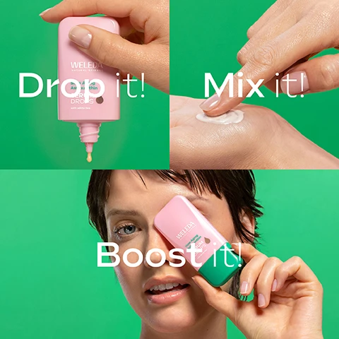 Image 1 - A three-panel image on a green background illustrates the use of a skincare product, with the top left showing a hand squeezing a pink dropper bottle releasing a yellow drop, the top right showing a hand mixing a white cream on a palm, and the bottom showing a woman holding the pink and green bottle near her face, accompanied by the text Drop it! Mix it! Boost it! and the bottle label Weleda Super Drying Serum Drops with white tea. Image 2 - The image shows a close-up of translucent green liquid drops with bubbles in the top half and green leaves covered in water droplets in the bottom half, with the text ANTIOXIDANT PLANT EXTRACTS effectively slows down skin aging and WHITE TEA active cell protection. Image 3 - Close-up of a person with short hair and healthy skin, smiling slightly against a green background with text that reads Cell protection and Slow aging. Image 4 - A close-up shows a hand with a dollop of cream on its palm and another finger preparing to spread it, with text that reads Application, Use 2-3 drops pure or, Mix with your face cream (e.g. Skin Food Nourishing Day Cream), and Apply and boost effect!. Image 5 - Three Weleda serum bottles are displayed on a green background, outlining a skincare regimen, with visible text reading Sun-Kissed Glow Routine, AM Hyaluronic Moisture & Sunkissed Bronzing Serum for a radiant, naturally bronzed glow, PM Slow Aging Astaxanthin Serum for skin stressed by sun exposure, and on the bottles, Weleda Hyaluronic Moisture Serum Drops, Weleda Sunkissed Bronzing Serum Drops, and Weleda Slow Aging Astaxanthin Serum Drops. Image 6 - A close-up of a smiling woman with radiant skin, a white serum applied to her cheek, next to the text Lightweight serum.