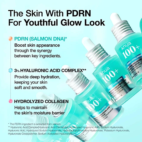 Image 1 - An image of several bottles of skincare serum with labels describing their ingredients and benefits, including PDRN (salmon DNA), 3% hyaluronic acid complex, and hydrolyzed collagen, all promoting a youthful glow and hydration.
Image 2 - Image shows a close-up of a circular dish containing a light turquoise liquid, with the text Combination of Hydrating & Radiant Ingredients and Boost skin appearance through the synergy between key ingredients, along with the terms PDRN, Hyaluronic Acid, and Hydrolyzed Collagen.
Image 3 - A close-up of a womans face with dewy skin applying a drop of serum with a dropper, accompanied by text instructions that read How To Use After using toner, apply an appropriate amount of serum to the skin and gently spread it to absorb. Can be used daily, both AM & PM.
Image 4 - Image of a light blue serum bottle labeled PDRN HYALURONIC ACID CAPSULE 100 SERUM with text stating Radiant Plumping Serum For Glass skin and the hashtags #PDRN, #Smoothing, #Skin Texture, alongside a dropper releasing liquid.