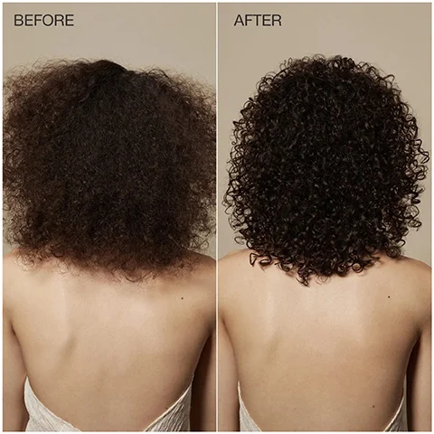 Image 1 - A comparison image showing the back of a persons head with frizzy hair on the left labeled BEFORE and defined, well-defined curls on the right labeled AFTER.