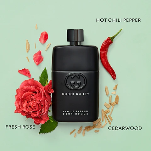 Image 3 - A black Gucci Guilty perfume bottle is surrounded by a red rose, red petals, scattered wood pieces, and a red chili pepper, showing text GUCCI GUILTY EAU DE PARFUM POUR HOMME FRESH ROSE HOT CHILI PEPPER CEDARWOOD. Image 7 - Five bottles of Gucci Guilty Pour Homme fragrance are arranged with plants and a chili pepper, and the visible text is GUCCI GUILTY POUR HOMME GUCCI GUILTY ESSENCE GUCCI GUILTY EAU DE PARFUM POUR HOMME GUCCI GUILTY PARFUM POUR HOMME GUCCI GUILTY ELIXIR DE PARFUM POUR HOMME EAU DE TOILETTE ●●○○ ESSENCE EAU DE TOILETTE ●●○○ EAU DE PARFUM ●●●○ GUILTY PARFUM ●●●● ELIXIR DE PARFUM ●●●● ● INTENSITY.