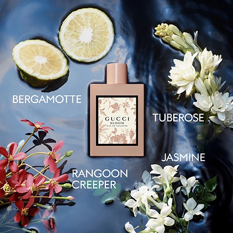 Image 2 - A Gucci Bloom Eau de Toilette bottle surrounded by bergamot slices, Rangoon Creeper, Tuberose, and Jasmine flowers floating in water with the text BERGAMOTTE, TUBEROSE, JASMINE, RANGOON CREEPER, and on the bottle GUCCI BLOOM EAU DE TOILETTE. Image 3 - Four Gucci Bloom perfume bottles are displayed in water with flowers, showing text Eau de Toilette Luminous Freshness and label Gucci Bloom Eau de Toilette, text Eau de Parfum Iconic Florality and label Gucci Bloom, text Eau de Parfum Intense Sensual Chypre and label Gucci Bloom Intense, and text Parfum Solar Amber and label Gucci Bloom Parfum. Image 4 - Three women are in dark water with lily pads and flowers, holding perfume bottles, with text GUCCI BLOOM overlayed on the image.