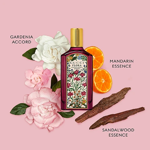 Image 3 - A Gucci Flora Gorgeous Gardenia Intense perfume bottle is centered on a pink background, surrounded by white and pink gardenia flowers, two orange slices, and sandalwood pieces, with the labels GARDENIA ACCORD, MANDARIN ESSENCE, and SANDALWOOD ESSENCE. Image 5 - Five colorful Gucci Flora perfume bottles surrounded by flowers and leaves with text that says GORGEOUS MAGNOLIA GORGEOUS GARDENIA GORGEOUS GARDENIA INTENSE GORGEOUS ORCHID GORGEOUS JASMINE GUCCI FLORA GORGEOUS MAGNOLIA GUCCI FLORA GORGEOUS GARDENIA GUCCI FLORA GORGEOUS GARDENIA INTENSE GUCCI FLORA GORGEOUS ORCHID GUCCI FLORA GORGEOUS JASMINE MAGNOLIA ESSENCE DEWBERRIES ACCORD PATCHOULI ESSENCE WHITE GARDENIA GRANDIFLORUM JASMINE PEAR BLOSSOM MANDARIN ESSENCE GARDENIA ACCORD SANDALWOOD ESSENCE VANILLA ORCHID VANILLA DUO OZONIC ACCORD GRANDIFLORUM JASMINE MAGNOLIA ACCORD MANDARINE ESSENCE.