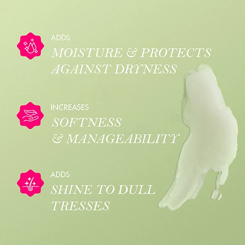 Image 3 - An image of a light green background featuring three sections of text with icons: the first section states adds moisture and protects against dryness, the second increases softness and manageability, and the third adds shine to dull tresses, alongside a small blob of a creamy substance.
Image 4 - A jar of Mielle Rosemary Mint Scalp & Hair Strengthening Pomade-to-Oil is displayed on a cylindrical green pedestal, with instructions for use visible on the right side, including how much product to apply and methods for application.