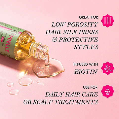 Image 2 - A clear bottle with a black dropper lid containing a light yellow liquid, displaying directions for use, ingredients, and safety information on its back label.
Image 3 - A bottle of Mielle hair oil is tipped over on a pink background, with oil spilling out, and text stating it is great for low porosity hair, silk press and protective styles, infused with biotin, and use for daily hair care or scalp treatments.
Image 4 - Image of a bottle of Mielle Rosemary Mint Light Scalp & Hair Strengthening Oil on a reflective surface, with pink and white text instructions for usage including sections for Low Porosity Hair Treatment, Daily Use, and Scalp Treatment.