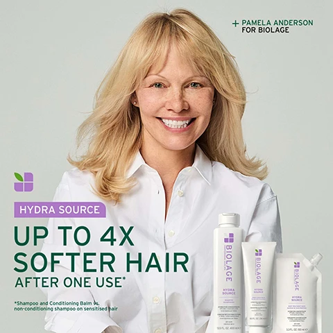 Image 2 - A smiling Pamela Anderson with blonde hair and a white shirt is shown with three white Biolage Hydra Source product bottles, a shampoo, conditioning balm, and a deep treatment mask, accompanied by text + PAMELA ANDERSON FOR BIOLAGE, HYDRA SOURCE, UP TO 4X SOFTER HAIR AFTER ONE USE*, *Shampoo and Conditioning Balm vs. non-conditioning shampoo on sensitised hair. Image 3 - A side-by-side comparison shows an old white Biolage Hydra Source conditioning balm tube with a purple cap and label on a white background on the left, next to a new white Biolage Hydra Source conditioning balm tube with a white cap and label on a dark green background on the right, with visible text including OLD, NEW, NEW FORMAT, SAME GREAT PERFORMANCE, and from the left tube label: BIOLAGE PROFESSIONAL, HYDRA SOURCE, conditioning balm, baume de soin, FOR DRY HAIR infused with aloe, POUR CHEVEUX SECS infusé à laloe vera, VEGAN FORMULA, Cruelty Free International, 39% RECYCLED TUBE, RECYCLED CAP, 6.7 FL. OZ. / 200 ml e, and from the right tube label: BIOLAGE PROFESSIONAL HAIR SPA, HYDRA SOURCE, CONDITIONING BALM, BAUME REVITALISANT, HYDRATION CONCENTRATE with aloe, 81 micrograms per 100 ml, CONCENTRÉ DHYDRATATION à laloès, 81 microgrammes par 100 ml, DRY HAIR, CHEVEUX SECS, 8.0 FL. OZ. 236 ml e. Image 4 - A hand combs clear product through a persons wet, highlighted hair, with the text UP TO 4X SOFTER HAIR AFTER ONE USE. Hydra Source Shampoo & Conditioning Balm vs. non-conditioning shampoo on sensitised hair. Image 5 - A split image displays a persons dark brown hair, with the left side showing before treatment as straighter and less defined, and the right side showing after treatment as wavier and shinier, with the text BEFORE / AFTER and *After one use of Hydra Source Shampoo & Conditioning Balm. Image 6 - A close-up of a green aloe vera leaf with a clear liquid bubble on it, against a dark green background, with the text Formulated with Aloe Vera To help nourish hair, promoting lasting feeling of hydration. Image 7 - A close-up of a white, creamy substance in a clear jar on a green background, with a purple and green leaf logo and product details on the left that read: MICRO-DOSED HYDRATION CONCENTRATE, 3 micrograms per 100 ml, Aloe Vera, Hyaluronic acid. Image 8 - A dark green graphic displays product information with the title IS IT FOR ME? HYDRA SOURCE, showing BEST FOR Dry hair, Suitable for colour-treated hair, HAIR TYPE Fine to medium, and KEY BENEFITS Nourishes, smoothes, leaves hair looking hydrated, with a small white leaf icon at the bottom. Image 9 - Two white Biolage Hydra Source hair products, a shampoo bottle and a conditioner tube, stand on a glass shelf against a green background, with overhead labels reading 01 Cleanse and 02 Condition; the left bottle is labeled PROFESSIONAL HAIR SPA BIOLAGE HYDRA SOURCE SHAMPOO SHAMPOOING HYDRATION CONCENTRATE with aloe + hyaluronic acid 6 micrograms per 100ml CONCENTRÉ DHYDRATATION à laloès + acide hyaluronique 6 microgrammes par 100ml DRY HAIR CHEVEUX SECS 13.5 FL. OZ. 400 ml e, and the right tube is labeled PROFESSIONAL HAIR SPA BIOLAGE HYDRA SOURCE CONDITIONING BALM BAUME REVITALISANT HYDRATION CONCENTRATE with aloe 81 micrograms per 100 ml CONCENTRÉ DHYDRATATION à laloès 81 microgrammes par 100 ml DRY HAIR CHEVEUX SECS 8.0 FL. OZ. 236 ml e. Image 10 - A clear liquid drips from a pipette, forming a large drop at the bottom, against a dark green background, with the text: FORMULATED WITH HYALURONIC ACID To help seal in the appearance of cuticles to leave hair feeling weightlessly conditioned and looking hydrated.