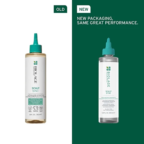 Image 1 - An image showing two bottles of Biolage Scalp Sync scalp concentrate side by side; the left bottle is labeled OLD and has a green cap, while the right bottle is labeled NEW with a blue-green cap and text stating NEW PACKAGING, SAME GREAT PERFORMANCE.
Image 2 - Image shows the side profile of a person with wet hair slicked back, accompanied by the text GENTLY BALANCES SCALP’S MOISTURE & SEBUM LEVELS.
Image 3 - A close-up image of green leaves with a droplet on one of them, featuring the text formulated with tea blend and to help reduce irritation and itchiness for a refreshing scalp reset.
Image 4 - A persons back and shoulder are visible with sleek, straight black hair; the image includes text that reads: STEP 1 Before shampooing apply evenly on dry hair throughout scalp. STEP 2 Massage for 5 minutes and leave on for 15 minutes, then rinse.
Image 5 - Image of four Biolage hair care products arranged in a line, labeled with numbers and titles: 01 Pre-wash, 02 Cleanse, 03 Condition, and 04 Treat; products include a green-topped bottle, a shampoo bottle, a conditioner tube, and a dropper bottle, all under a green background.
Image 6 - Image shows a green background with text titled IS IT FOR ME? SCALP SYNC followed by sections labeled BEST FOR, HAIR TYPE, and KEY BENEFITS detailing best for oily, sensitive, and dry scalps, hair type fine to thick, and the benefits of exfoliating to remove buildup and excess sebum. A small note indicates conditions apply when used with shampoo, conditioner, and leave-in serum.
Image 7 - A clear glass laboratory flask with droplets of liquid forming at the spout, with text indicating it is formulated with glycolic acid to help clear away product buildup and dead cells to support a balanced scalp.