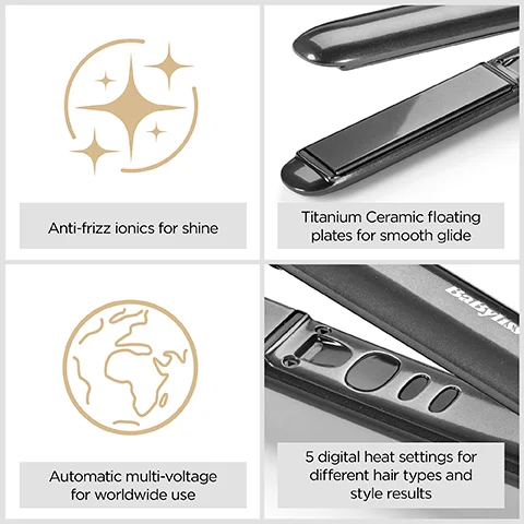 The image displays four features of a hair product: a golden starburst icon within a circle with the text Anti-frizz ionics for shine; a close-up of dark grey hair straightener plates with the text Titanium Ceramic floating plates for smooth glide; a golden outline of a globe icon with the text Automatic multi-voltage for worldwide use; and a close-up of a dark grey hair straightener with control buttons and the BaByliss logo with the text 5 digital heat settings for different hair types and style results.