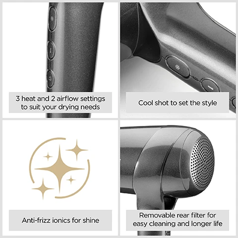 Image 1 - A four-panel collage details a dark grey hairdryer: the top left shows control buttons with text 3 heat and 2 airflow settings to suit your drying needs; the top right shows a cool shot button with text Cool shot to set the style; the bottom left shows a gold sparkle icon with text Anti-frizz ionics for shine; and the bottom right shows the removable rear filter with text Removable rear filter for easy cleaning and longer life. Image 2 - A grey BaByliss hairdryer is shown with two attachments: on the left, a concentrator nozzle and the text Concentrator nozzle for smooth styles, and on the right, a diffuser attachment and the text Diffuser for defined frizz free curls. Image 3 - A stylized light brown circuit board or digital circuit icon with interconnected circles and dots inside a curved border, with the text Digital motor for faster drying and longer life.