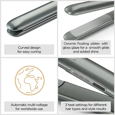 The image shows a grey hair straightener highlighting four key features: its curved design for easy curling, ceramic floating plates with gloss glaze for a smooth glide and added shine, automatic multi-voltage for worldwide use, and 3 heat settings for different hair types and style results.