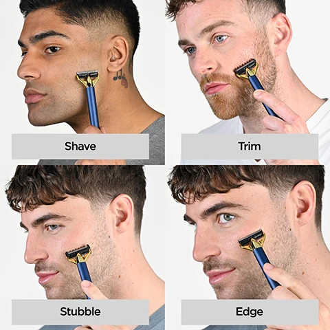 Image 1 - Four images show men using a razor for different grooming tasks with text captions Shave, Trim, Stubble, Edge. Image 10 - A collage showing a man trimming his short beard and a portrait of him with a short beard, along with a comb attachment, includes the text Short Beard. Image 11 - A hand demonstrates how to twist and detach the gold head from a blue razor handle with the text Twist & unlock head removal. Image 12 - Hands twist a blue razor handle to attach the blade head, with text below that says Twist & lock head attachment. Image 13 - Close up of two magnetic connectors with blue circles showing magnetic attraction, with the text Magnetic charging below. Image 14 - An open black zipped storage pouch holds a blue and gold razor, with the text Storage pouch below. Image 2 - Close-up of the flexing head of a gold and blue grooming tool with text that reads Contouring head 50° flexing head follows the contours of the face for even comfortable shaving and trimming. Image 3 - A four panel image shows a man applying shaving cream and shaving, a portrait view of the man, and a close up of the razor head, with the text Wet & Dry shave. Image 4 - A close-up of a metal grooming blade with a magnified view showing the details of the blade and text that says Super sharp precision blade. Image 5 - The image shows how to attach a comb guide to a trimmer with steps labelled Attach to one corner, Gently click into place, and Attaching comb guide. Image 6 - Two panels demonstrate removing a comb guide from a trimmer, showing a hand gently lifting from the corner and releasing the comb guide, with the text Gently lift from corner Release comb guide Removing comb guide. Image 7 - A blue and gold razor is shown in a white basin of water with the text 100% waterproof IPX7 Fully waterproof. Can even be used in the shower. Image 8 - A man shaving his face with a razor, a close up of a razor comb attachment, and a man with even stubble are shown with the text Even Stubble. Image 9 - A dark blue and gold trimmer head is being rinsed under running water, with the text Important Blade Prep For best performance, rinse under warm water before and after use to clean and lubricate the blade overlaid.