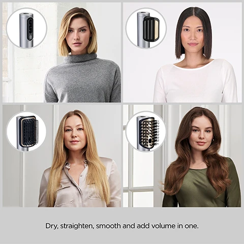 Image 1 - A four-panel image features four women with different hairstyles, including a short blonde bob, a short dark bob, long straight blonde hair, and long wavy brown hair, each panel showing a close-up of a silver hair styling tool or a brush attachment, with the text Dry, straighten, smooth and add volume in one. Image 2 - A four-panel image showcases features of a silver hairdryer, showing a control panel with indicator lights and text 4 heat and 3 airflow settings to suit your drying needs, a side view with pink airflow streaks and text 123Km/h super fast air speed, a close-up of the perforated gold magnetic filter with text Easy clean magnetic filter, and a side view with white dots indicating ionic airflow and text Ionic to control frizz. Image 3 - A collage depicts a woman using a silver compact hair dryer on her short blonde hair, a detailed shot of the hair dryer, and the woman posing in a grey turtleneck and pleated skirt, followed by the text Powerful compact drying. Image 4 - A collage shows a woman styling her blonde hair with a silver and gold hair dryer brush, a close-up of the brush head, and the same woman with smooth, shiny blonde hair, with the text Soft cushioned smoothing brush to detangle as you dry for visibly smoother and shinier hair. Image 5 - A three-panel image depicts a woman using a hair tamer on her short, straight dark hair in the top left, a close-up of the silver hair tamer attachment in the bottom left, and the woman with smooth, styled hair in the right panel, with the visible text Fly away tamer smooths using a gentle airflow gliding down the hair with no extreme heat to hide the fly aways and enhance natural shine. Image 6 - A woman with damp hair uses a curved oval styling brush, then poses with her hair smoothly styled and voluminous, and a close-up of the brush is shown, with the text Curved oval brush to smooth and volumise for an easy blow-dry finish. Image 7 - The image presents four views of a silver hair styling tool demonstrating different attachments: the first shows air blowing for Fast drying, the second a fly away tamer attachment for Fly away tamer, the third a volumising brush attachment for Volumising brush, and the fourth a smoothing detangling brush attachment for Smoothing detangling brush.