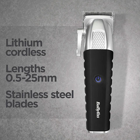 Image 1 - A black and silver hair clipper with text that reads Lithium cordless Lengths 0.5-25mm Stainless steel blades BaByliss. Image 2 - An array of black hair clipper guards with various sizes and shapes next to text that says Grades 1-8 Left & right ear. Image 3 - A close-up shows a black hair clipper guard attached to a silver clipper with the text Lengths 0.5-25mm and #6 (3/4) 19mm. Image 4 - Close up of a black BaByliss grooming tool with text overlay Lithium cordless. Image 5 - Close-up view of the blade and adjustable taper lever of a silver and black hair clipper with the text 5 position taper. Image 6 - Close up of a hair clipper head with metal blades and the text Stainless steel blades.