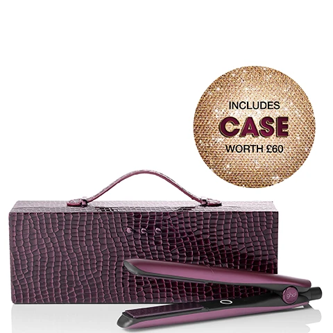 Image 1 - A dark purple, crocodile-textured case stands behind a matching ghd hair straightener, with a circular glitter badge in the upper right stating INCLUDES CASE WORTH £60. Image 2 - An open dark red crocodile-textured box, displaying the ghd logo inside on black velvet, contains a pink and black ghd hair straightener, all presented on a sparkling gold background with prominent white text reading GHD GOLD GIFT SET. Image 3 - A dark reddish-purple ghd hair straightener with a black cord and a matching textured case with a handle are shown on a white background, with the text WHATS INSIDE: Limited Edition ghd Gold Hair Straightener & Case. Image 4 - A blonde woman in a black sequined top and red lipstick holds a pink ghd hair straightener, surrounded by dark purple textured boxes on a gold glittery surface, with a red ghd logo patterned background, and the text INSTANTLY SLEEKER, SMOOTHER HAIR. Image 5 - A woman with blonde hair, red lipstick, and red nails styles her hair with a dark red GHD hair straightener, with the text PERFECT FOR SLEEK & SMOOTH RESULTS SUITABLE FOR ALL HAIR TYPES. Image 6 - A cherry red GHD hair straightener with a black cord lies diagonally on a sparkling gold glitter background with the text NEW GHD LIMITED EDITION CHERRY CHIC COLLECTION and ghd on the power button.