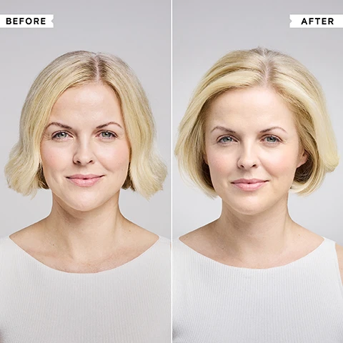 Image 1 - A split image shows a woman with blonde hair and grey roots on the left labeled BEFORE, and the same woman with fully blonde hair and no visible grey roots on the right labeled AFTER. Image 2 - A hand holds a white tube of Philip Kingsley Elasticizer Deep-Conditioning Treatment, which adds elasticity and bounce, while text on the right states Elasticizer Deep-Conditioning Treatment is Clinically Proven to reduce breakage after one use, is the solution to Stronger, shiny hair, and Leaves hair Instantly Softer, Nourished and Healthier-looking, with a footnote that 46% reduction in breakage after one use is based on an independent instrumental test. Image 3 - A hand holds a white Philip Kingsley Maximizer Root Boosting Spray bottle, 60ml 2.02 fl oz, beside text outlining its benefits: Maximizer Root Boosting Spray, Residue-free root lift, texture and volume, Controls flyaways and frizz, Leaves hair feeling thick and bouncy. Image 4 - A hand holds a white tube of Philip Kingsley Maximizer Strand Plumping Cream, labelled Philip Kingsley Maximizer Strand Plumping Cream 20ml 0.67 fl oz, with accompanying visible text listing benefits: Maximizer Strand Plumping Cream, Instant, lightweight volume that wont weigh hair down, Thicker, fuller, nourished hair, Leaves strands frizz-free, smooth and shiny.