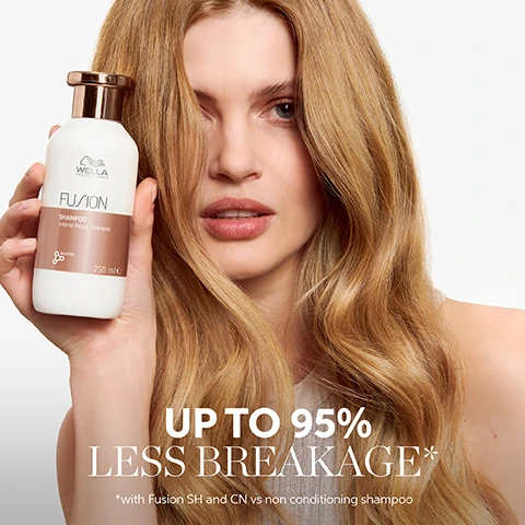 Image 1 - A woman with long blonde hair holds a white shampoo bottle with a rose gold cap, displaying the text WELLA PROFESSIONALS FUSION SHAMPOO Intense Repair Shampoo SILKSTEEL 250 ml e, with overlay text that reads UP TO 95% LESS BREAKAGE* *with Fusion SH and CN vs non conditioning shampoo. Image 2 - A hand holds and pours creamy liquid from a white Wella Professionals Fusion Intense Repair Shampoo bottle featuring Silksteel technology into another hand, with icons and text displaying Intense Repair, Smoothness, and Metal Purifier. Image 3 - A hand squeezes white Wella Professionals Fusion conditioner from a tube into another palm, next to a list of product benefits: Intense Repair, Smoothness, Anti-breakage* and Metal Purifier, with a note *Due to combing and mechanical damage, and the product label reading Wella Professionals Fusion Conditioner Revitalisant Acondicionador Intense repair conditioner Revitalisant réparation intense Acondicionador de reparación intensa SILKSTEEL™ 200 mL (6.7 FL. OZ.). Image 4 - A hand holds a white jar of hair mask while another hand scoops out creamy white product, with accompanying text and icons on the left reading Intense Repair, Smoothness, Anti-breakage*, Metal Purifier, and the jars label showing Wella Professionals Fusion Mask Intense Repair Mask / Intensive regenerierende Maske / Masque Intense Repair SILKSTEEL 150 ml / мл e, followed by a footnote *Due to combing and mechanical damage. Image 5 - A before and after image showing a womans blonde hair from behind, with the left side appearing dull and straight and the right side appearing smooth and wavy, with text that reads BEFORE with non-conditioning shampoo and FUSION with Fusion shampoo, mask and blow-dry. Image 6 - Swatches of three cosmetic liquids, including a translucent pink gel with bubbles, a thick white cream, and a clear gel with bubbles, are shown swirling together on a white background, with text labels MICRONIZED LIPIDS*, AMINO ACIDS, METAL PURIFIER, and SILKSTEEL TECHNOLOGY, and a footnote *visit www.wella.com/ingredients to learn more about our ingredients.