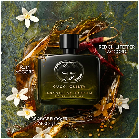 Image 1 - A dark green Gucci Guilty Absolu de Parfum Pour Homme bottle with a black cap and interlocking G logo rests on a green marbled surface, surrounded by golden liquid splashes, red chili peppers, and white orange blossoms, with visible text GUCCI GUILTY ABSOLU DE PARFUM POUR HOMME, RUM ACCORD, RED CHILI PEPPER ACCORD, ORANGE FLOWER ABSOLUTE. Image 2 - Five distinct Gucci Guilty Pour Homme fragrance bottles—one silver and brown, two black, one green, and one dark green—are arranged in a line on a dark green marbled surface, surrounded by individual elements like lavender sprigs, a red chili pepper, green leaves, a purple iris flower, and an amber liquid splash, with visible text that reads Gucci Guilty Pour Homme, Gucci Guilty Eau de Parfum Pour Homme, Gucci Guilty Parfum Pour Homme, Gucci Guilty Elixir de Parfum Pour Homme, Gucci Guilty Absolu de Parfum Pour Homme, Eau de Toilette (intensity two of four), Eau de Parfum (intensity three of four), Parfum (intensity three and a half of four), Elixir de Parfum (intensity four of four), Absolu de Parfum (intensity four of four), and Intensity.