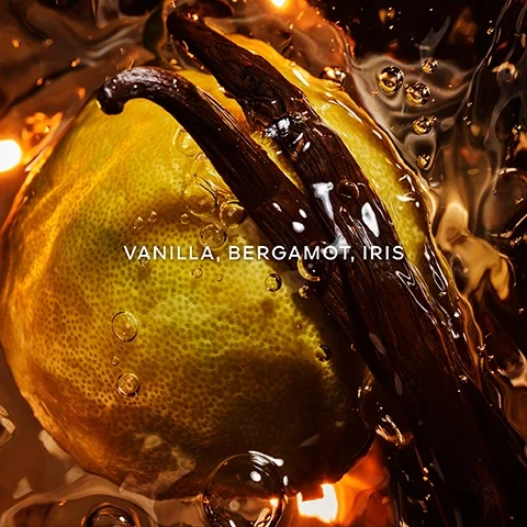 Image 4 - A bergamot citrus fruit and two dark vanilla beans are submerged in a bubbly, warm-toned liquid with glowing lights, displaying the text VANILLA, BERGAMOT, IRIS.