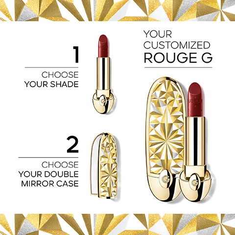 Image 2 - A promotional image for customized Guerlain Rouge G lipstick features a red lipstick labeled GUERLAIN in a plain gold tube with the text 1 CHOOSE YOUR SHADE, an open gold and silver geometric patterned double mirror case with the text 2 CHOOSE YOUR DOUBLE MIRROR CASE, and an assembled view of the red lipstick inserted into the patterned case, all against a white background with gold and silver geometric patterns at the top and bottom, under the main title YOUR CUSTOMIZED ROUGE G. Image 3 - An abstract geometric pattern resembling origami folds, with radiating triangular sections in white, glittery gold, and silver, followed by the text Stellar A Soft Touch Origami Motif.