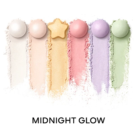 Image 2 - Six colorful cosmetic powders, including five spherical and one star-shaped, are arranged horizontally, each with a corresponding vertical swatch of powder underneath against a white background, with the text Midnight Glow. Image 4 - A close-up portrait of a woman with glowing skin, dark hair, glossy lips, and a pearl ear cuff, with the text without photo retouching on makeup and MIDNIGHT GLOW visible. Image 5 - A split image shows a womans face before and after makeup application, with the left side displaying her natural skin and the right side showing a more even and luminous complexion, with visible text reading BEFORE with foundation, AFTER with foundation & Météorites, MIDNIGHT GLOW, and without photo retouching on makeup.