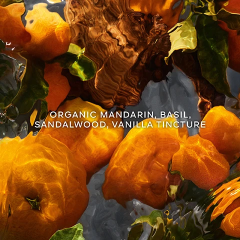 Image 5 - Several bright orange mandarins with green leaves are partially submerged in rippled water, with white text overlay that reads ORGANIC MANDARIN, BASIL, SANDALWOOD, VANILLA TINCTURE. Image 6 - Three vertical panels depict an orange fruit and white flowers in rippling water with an orange bee in a heart logo, white flowers and green leaves in bubbly water with a yellow-green bee in a heart logo, and pink rose petals with a pink bee in a heart logo; the visible text reads UP TO 95 % NATURAL ORIGIN, *90% to 95% ingredients of natural origin, in accordance with the ISO 16128, calculation including water, INFINITELY REFILLABLE, AQUA ALLEGORIA COLLECTION, and ORGANIC BEETROOT ALCOHOL.