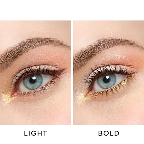 Image 4 - A split image shows two close-up views of an eye with different makeup applications: the left side features light brown eyeliner and mascara, while the right side displays a bold shimmering golden eyeliner on the lower lash line and mascara, with the text LIGHT BOLD beneath each eye respectively.