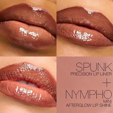 Image 1 - The image displays three close-up views of lips wearing a glossy nude-brown lip product, alongside a panel with text on a nude-pink background that reads SPUNK PRECISION LIP LINER + NYMPHO MINI AFTERGLOW LIP SHINE. Image 2 - A dark brown lip liner pencil and a peachy-nude lip gloss wand with a dollop of gloss are shown with swatches on a white background, with text that reads PRECISION LIP LINER IN SPUNK and MINI AFTERGLOW LIP SHINE IN NYMPHO. Image 3 - Three forearms with light, medium, and dark skin tones display swatches of lip makeup, showing a pinkish-nude lip liner and peachy-pink lip shine labeled PRECISION LIP LINER ROSEBUD and MINI AFTERGLOW LIP SHINE ORGASM, and a brownish lip liner and shimmery nude lip shine labeled PRECISION LIP LINER SPUNK and MINI AFTERGLOW LIP SHINE NYMPHO.
