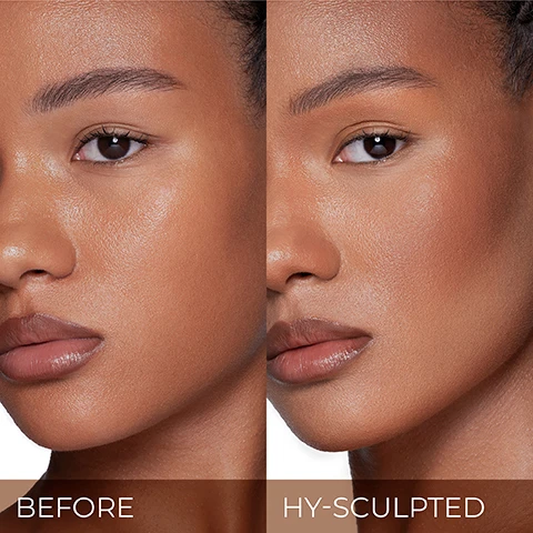Image 1 - Split image showing a womans face before makeup application on the left and after sculpting makeup on the right, with text below reading BEFORE HY-SCULPTED. Image 2 - Images show models demonstrating eight shades of liquid bronzer with swatches and the product bottle with text that reads HY-SCULPT LIQUID BRONZER Serum Infused Liquid Bronzer BAMBOO FOXY BONFIRE DRENCHED TOASTY DAWN FLING VENONA. Image 3 - Image shows swatches of HY-SCULPT LIQUID BRONZER Serum Infused Liquid Bronzer shades on three different arms with labels Bamboo, Foxy, Bonfire, Drenched, Toasty, Dawn, and Fling, with a product bottle held by each hand. Image 4 - Split image shows makeup application guides on a face, with the left side showing guides for sculpting on forehead, cheekbones, temples, nose, and jawline, and the right side showing guides for a sun-kissed look on cheekbones and bridge of the nose, with text below reading SCULPTED 1 DISPENSE ONE PUMP ONTO THE BACK OF YOUR HAND, THEN USE A FACE BRUSH TO PICK UP AND DISTRIBUTE EVENLY. 2 BUFF ONTO HIGH POINTS - CHEEKBONES, TEMPLES, FOREHEAD AND JAWLINE. 3 BLEND DOWNWARD TOWARD THE NECK FOR A SEAMLESS TRANSITION. 4 FOR ADDED DEFINITION, SCULPT THE SIDES OF THE NOSE WITH A SMALLER BRUSH. SUN-KISSED 1 FOLLOW STEPS 1-3 FROM THE SCULPTED LOOK. 2 APPLY TO THE APPLES OF THE CHEEKS AND THE BRIDGE OF THE NOSE. 3 LAYER AS DESIRED FOR A DEEPER, SUN-KISSED GLOW. Image 5 - A Natasha Denona HY-SCULPT LIQUID BRONZER bottle is shown on a background of bronzer swatches with text that reads HY-SCULPT LIQUID BRONZER Serum Infused Liquid Bronzer, Self-Setting & Water-Resistant, Weightless & Ultra-Smooth, Natural Matte Finish, Sodium Hyaluronate Supports skin hydration, Grip-Tech™ Pigments Long-wearing, buildable, blurring coverage, Suitable for All Skin Types, AVAILABLE IN 7 SHADES. Image 6 - Swatches of product shades with labels Dawn, Bamboo, Drenched, Toasty, Bonfire, Foxy, Fling.