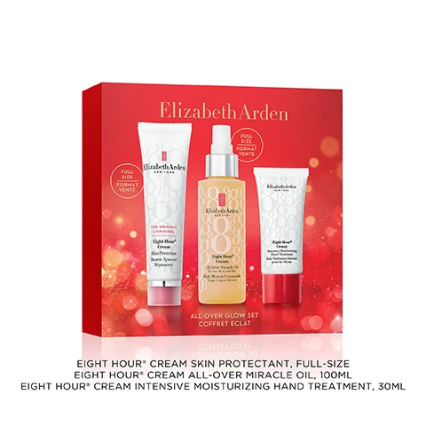 Image 2 - A red Elizabeth Arden gift box with bokeh lights features three full-size skincare products: a white tube of Eight Hour Cream Skin Protectant Baume Apaisant Réparateur, a 100ml orange spray bottle of Eight Hour Cream All-Over Miracle Oil For Face Body and Hair Huile Miracle Universelle Visage Corps et Cheveux, and a 30ml white tube of Eight Hour Cream Intensive Moisturizing Hand Treatment Soin Hydratant Intense pour les Mains, with the box labeled ALL-OVER GLOW SET COFFRET ECLAT and Elizabeth Arden NEW YORK on all items. Image 3 - An Elizabeth Arden Eight Hour Cream All-Over Miracle Oil spray bottle with a silver top and patterned with light peach 8s rests on a yellow surface against a white background, featuring the text Nourishes & Conditions, 98% agree skins radiance was boosted*, Elizabeth Arden NEW YORK, Eight Hour® Cream, All-Over Miracle Oil, For Face, Body and Hair, Huile Miracle Universelle, Visage, Corps et Cheveux, and the asterisk note *Based on an 8-week consumer study of 110 participants. Image 4 - An Elizabeth Arden Eight Hour Cream tube with a red cap is shown against a peach cream smear on a white background, with visible text Clinically improves skin’s barrier function in Elizabeth Arden NEW YORK THE ORIGINAL Eight Hour® Cream Skin Protectant 30 MINUTES* *Based on a clinical study of 14 women from the ages of 18-65. Image 5 - A white tube of cream with a red cap is displayed on a white background with white cream streaks, showing the text: Elizabeth Arden NEW YORK, Eight Hour Cream Intensive Moisturizing Hand Treatment, Soin Hydratant Intense pour les Mains, Moisturizes All Day, 98% saw improved signs of dryness & cracking*, *Based on a 2-week consumer study of 52 participants. Image 7 - A white Elizabeth Arden Eight Hour Cream tube stands beside a list of skin protectant benefits, displaying text that reads Skin Protectant Benefits, All-over moisture, Shines lips & cheeks, Soothes dry hands, Protects cuts & scrapes, Tames hair & eyebrows, Supports skin barrier, Relieves chapping, Smooths cuticles, and on the tube Elizabeth Arden NEW YORK THE ORIGINAL Eight Hour Cream Skin Protectant. Image 8 - The image displays Hand Treatment Benefits listed as All-day hydration, Softens, Smooths, Supports barrier, Soothes, Improves dryness, Fast-absorbing, and Non-greasy, alongside a tube of Elizabeth Arden NEW YORK Eight Hour® Cream Intensive Moisturizing Hand Treatment Soin Hydratant Intense pour les Mains. Image 9 - An Elizabeth Arden Eight Hour Cream All-Over Miracle Oil spray bottle is shown next to a list of benefits with icons: Miracle Oil Benefits, All-day hydration, Head-to-toe moisture, Shines hair, All-over glow, Massages away stress, Smooths, Revitalizes, Non-comedogenic, Elizabeth Arden NEW YORK Eight Hour® Cream All-Over Miracle Oil For Face, Body and Hair Huile Miracle Universelle Visage, Corps et Cheveux.