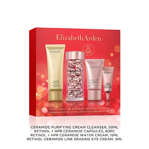 Image 2 - A red Elizabeth Arden gift box with golden bokeh lights forms the background for four skincare products: a golden tube of cleanser, a clear container filled with rose gold capsules, a rose gold tube of water cream, and a smaller rose gold tube of eye cream. Visible text reads: Elizabeth Arden, FULL SIZE, FORMAT VENTE, SMOOTHING AND REPAIRING SKINCARE REGIMEN, PROGRAMME DE SOINS LISSANTS ET REPARATEURS, Elizabeth Arden NEW YORK, Ceramide Purifying Cream Cleanser, Crème Nettoyante Purifiante, Elizabeth Arden NEW YORK, RETINOL + HPR Ceramide Capsules Rapid Skin Renewing Serum, Serum Régénération Accélérée, Elizabeth Arden NEW YORK, RETINOL + HPR Ceramide Rapid Skin Renewing Water Cream, Aqua-Crème Régénérante, Elizabeth Arden NEW YORK, RETINOL Ceramide Line Erasing Eye Cream, Crème Contour des Yeux Effaceur de Rides. Image 4 - A golden tube of Elizabeth Arden Ceramide Purifying Cream Cleanser lies diagonally on a white background, with text reading Calms & Soothes skin for a clean, soft feel, and the tube itself reads Elizabeth Arden NEW YORK Ceramide Purifying Cream Cleanser Crème Nettoyante Purifiante. Image 5 - A clear bottle with a rose gold cap filled with rose gold capsules stands on a white background with two swirls of yellow cream behind it, displaying the text Smooths Lines & Wrinkles, 95% saw reduced wrinkles*, Elizabeth Arden NEW YORK, RETINOL + HPR Ceramide Capsules Rapid Skin Renewing Serum Sérum Régénération Accélérée, and *Based on a consumer study of 57 participants after 2 weeks. Image 6 - A white background features several scattered pink, pearl-like capsules with black text that reads PURE. POTENT. PRECISE. followed by two bullet points: Sealed for freshness & potency and Biodegradable capsules. Image 7 - A pale pink tube of Elizabeth Arden cream is tilted on a light background next to text that reads Evens Tone & Texture, 100% saw improved texture and radiance*, and *Based on a consumer study of 74 participants after 4 weeks, while the tube itself reads Elizabeth Arden NEW YORK RETINOL + HPR Ceramide Rapid Skin Renewing Water Cream Aqua-Crème Régénérante.