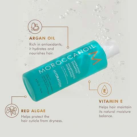 Image 1 - A turquoise Moroccanoil shampoo bottle is angled against a light background with water drops, surrounded by callouts for its ingredients and benefits, with visible text including MOROCCANOIL M HYDRATING SHAMPOO SHAMPOOING HYDRATANT for all hair types pour tous types de cheveux HYDRATION Color-safe Sulfate, phosphate, paraben-free Sans sulfate, ni phosphate, ni parabène 8.5 FL. OZ. / 250 ML Argan Oil Rich in antioxidants, it hydrates and nourishes hair Red Algae Helps protect the hair cuticle from dryness Vitamin E Helps hair maintain its natural moisture balance. Image 2 - The image displays a white bottle of Moroccanoil Hydrating Conditioner partially submerged in water, with surrounding informational text for ingredients: Argan Oil Rich in antioxidants, it hydrates and nourishes hair; Vitamin E Helps hair maintain its natural moisture balance; and Red Algae Helps protect the hair cuticle from dryness, while the bottle itself reads: MOROCCANOIL HYDRATING CONDITIONER APRÈS-SHAMPOO HYDRATANT For all hair types Pour tous les types HYDRATION Color-safe Sulfate, phosphate, paraben-free Respecte la couleur, Sans sulfates, phosphates, parabènes 8.5 FL.OZ. / 250 ml. Image 3 - A before and after image shows a woman with dark curly hair: the left panel, labeled BEFORE, depicts her with voluminous, frizzy hair, while the right panel, labeled AFTER, shows her smiling with defined, hydrated, shiny curls, followed by the text: Results achieved using Hydrating Shampoo and Conditioner, All in One Leave-in Conditioner, and Intense Hydrating Mask.