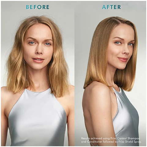 Image 1 - A split image shows a woman with shoulder-length blonde hair; on the left, her hair is wavy and appears frizzy, labeled BEFORE, while on the right, her hair is smooth, straight, and shiny, labeled AFTER, with text at the bottom right reading Results achieved using Frizz Control Shampoo and Conditioner followed by Frizz Shield Spray. Image 2 - A persons head and shoulders are seen from behind with hands massaging foamy shampoo into wet hair, accompanied by text describing hair care ingredients: ARGAN OIL helps to enhance manageability and nourish; JACKFRUIT EXTRACT hydrates the hair for increased frizz resistance; NORI EXTRACT provides increased manageability and anti-frizz benefits; and AMARANTH OIL helps protect the hairs keratin structure.