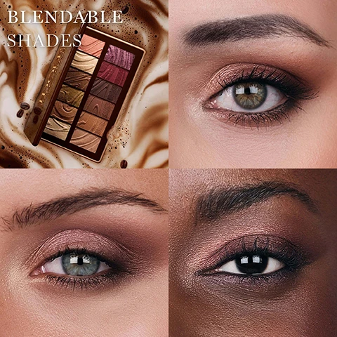 Image 3 - A four-panel image features an open eyeshadow palette with 12 shimmery brown, gold, and purple shades on a coffee foam background, accompanied by three close-up views of diverse eyes with shimmering eyeshadow, and the text BLENDABLE SHADES. Image 4 - A woman with smooth skin is applying a serum to her cheek with a dropper, with text stating 93% SAY SKIN LOOKS SMOOTHER*, 90% SAY SKIN QUALITY LOOKS IMPROVED*, 82% SAY SKIN LOOKS MORE GLOWING & LUMINOUS*, *SELF ASSESSMENT, 81 WOMEN, 4 WEEKS.