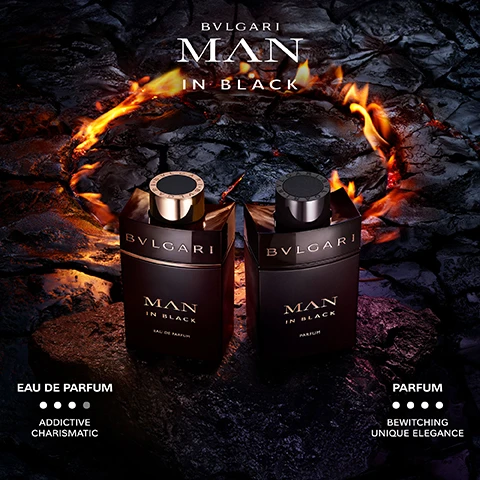 Image 2 - Two dark rectangular Bvlgari Man in Black fragrance bottles, one Eau de Parfum and one Parfum, sit on a rough, black surface encircled by orange flames, with visible text reading BVLGARI MAN IN BLACK, BVLGARI MAN IN BLACK EAU DE PARFUM, BVLGARI MAN IN BLACK PARFUM, EAU DE PARFUM Addictive Charismatic, and PARFUM Bewitching Unique Elegance. Image 3 - A close-up of dark and vibrant flowers, including purple irises and light-colored buds, some covered in a glossy black substance, illuminated by dramatic pink and purple light, with the text BVLGARI MAN IN BLACK PARFUM, ELEMI ESSENCE, IRIS ESSENCE, DARK WOOD ACCORD. Image 4 - A hand scrapes a tree trunk with a tool, revealing thick white resin, with the text ELEMI GUM FROM THE TREES OF LIFE: THE GEMS OF THE PHILIPPINES INITIATIVE THIS PROJECT AIMS TO SUPPORT RESPONSIBLE ELEMI TREE FARMING, ENHANCE THE LOCAL ECONOMY, AND PROMOTE SUSTAINABLE PERFUMERY THROUGH LOCAL DISTILLATION AND REFORESTATION EFFORTS. Image 7 - A quad-panel advertisement showcases four Bvlgari Man fragrances, reading THE CIRCLE OF NATURE at the top; from left to right, a black bottle of BVLGARI MAN IN BLACK EAU DE PARFUM with text ADDICTIVE CHARISMATIC AMBERY SPICY, a black bottle of BVLGARI MAN IN BLACK PARFUM with text BEWITCHING UNIQUE ELEGANCE AMBERY WOODY, a clear bottle of BVLGARI MAN RAIN ESSENCE EAU DE PARFUM with text MINERAL AWAKENING FRESH WOODY MUSK, and a green bottle of BVLGARI MAN WOOD ESSENCE EAU DE PARFUM with text VITAL LUMINOUS WOODY AROMATIC.