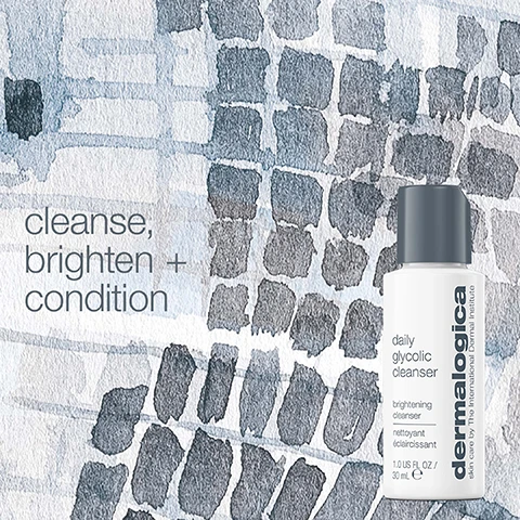 Image 1 - A small white bottle of Dermalogica Daily Glycolic Cleanser with a grey cap is shown against a textured grey and blue watercolor background, with text that reads cleanse, brighten + condition, dermalogica, skin care by The International Dermal Institute, daily glycolic cleanser, brightening cleanser, nettoyant éclaircissant, 1.0 US FL OZ / 30 mL e. Image 2 - A white Dermalogica Daily Microfoliant bottle with a grey cap stands on a textured white powder background, with text that reads exfoliate for brighter, smoother skin, #1 best selling powder exfoliant, daily microfoliant, brightening rice-based powder exfoliant, poudre exfoliante illuminatrice à base de riz, NET WT US 0.45 OZ, 13g e, dermalogica, skin care by The International Dermal Institute, and Source: NPD Group, Q1 2023-Q1 2024 YTD. Image 3 - A woman with luminous, freckled skin is featured, with the text daily microfoliant brightens skin + improves smoothness after 1 use and the fine print Independent clinical study, 35 subjects, 1 application per day for 4 weeks; measurement taken after 20 minutes (1 use). Image 4 - A split image shows a persons cheek before and after using a product, with the after photo displaying clearer skin and fewer blemishes, accompanied by the text: CLINICAL PROOF daily microfoliant brightens skin + minimizes the look of dark spots after 1-4 weeks of use Independent clinical study, 35 subjects. 1 application per day for 4 weeks. Image 5 - A silver tube of Dermalogica Multivitamin Power Recovery Masque sits against a background of blue and gray watercolor squares, with visible text reading rescue stressed skin, Dermalogica, professional-grade skin care by The International Dermal Institute, multivitamin power recovery masque, rescue stressed skin, restaure la peau stressée, 2.5 US FL OZ / 75 mL e. Image 6 - A watercolor painting with an abstract mosaic pattern in grey, blue, and white with overlaid text that reads the moment of excitement as you prepare for a holiday party, feeling glamorous and ready to light up the room.