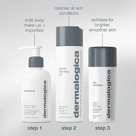 Image 1 - Three white and gray Dermalogica skincare products are shown in a routine: step 1 precleanse for melting away make-up + impurities, step 2 special cleansing gel for cleansing all skin conditions, and step 3 daily microfoliant for exfoliating for brighter, smoother skin, with each product displaying the text dermalogica professional-grade skin care by The International Dermal Institute. Image 2 - The image displays a white and grey bottle of Dermalogica Daily Microfoliant standing on white powder with the text exfoliate for brighter, smoother skin, #1 best selling powder exfoliant, daily microfoliant, dermalogica, professional-grade skin care by The International Dermal Institute, brightening rice-based powder exfoliant, poudre exfoliante illuminatrice à base de riz, NET WT US 2.6 OZ 74g e, and Source: NPD Group, Q1 2023-Q1 2024 YTD. Image 3 - A woman with dewy skin and freckles looks up and to the right against a dark background, with text that reads daily microfoliant brightens skin + improves smoothness after 1 use and smaller text below stating Independent clinical study, 35 subjects, 1 application per day for 4 weeks; measurement taken after 20 minutes (1 use). Image 4 - A before-and-after image shows a mans skin, with the left side displaying redness and blemishes, and the right side showing significantly smoother, clearer skin, accompanied by the text: CLINICAL PROOF daily microfoliant brightens skin + minimizes the look of dark spots after 1-4 weeks of use Independent clinical study, 35 subjects, 1 application per day for 4 weeks. Image 5 - A white Dermalogica Precleanse cleansing oil pump bottle with a grey top is shown against a snowy mountain landscape illuminated by the Northern Lights, featuring the text #1 best selling cleansing oil, dermalogica, professional grade skin care by The International Dermal Institute, precleanse, oil removes make-up, sunscreen + debris, huile nettoyante éliminant le maquillage, lécran solaire et les débris, 5.1 US FL OZ / 150 mL e, and Source: NPD Group, Q1 2024 YTD. Image 6 - A white Dermalogica Special Cleansing Gel bottle with a grey cap is placed against a dark blue and green sky resembling the Northern Lights over snowy mountains, with overlaying text that states #2 best selling cleanser in professional skin care - right after precleanse and Source: NPD Group, Q1 2024 YTD, Top Products Segment, while the bottle itself reads Dermalogica professional-grade skin care by The International Dermal Institute special cleansing gel gentle foaming cleanser nettoyant moussant doux 8.4 US FL OZ / 250 mL. Image 7 - A watercolor painting of a snowy mountain landscape at night with green aurora borealis in the sky and a winding path leading to cabins, displaying the text: the bright glow of the aurora borealis gliding across the sky - a momentary reminder of natures ethereal beauty.