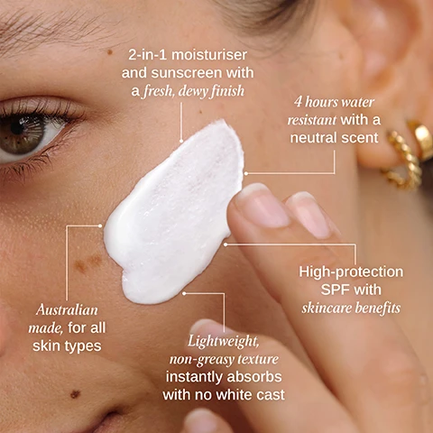 Image 1 - Close-up of a person applying white cream to their cheek with text labels describing the products features: 2-in-1 moisturiser and sunscreen with a fresh dewy finish, 4 hours water resistant with a neutral scent, High-protection SPF with skincare benefits, Australian made for all skin types, Lightweight non-greasy texture instantly absorbs with no white cast. Image 2 - Image shows a white tube of ALPHA-H DAILY ESSENTIAL MOISTURISER SPF 50+ WITH HYDROSELLA BROAD-SPECTRUM VERY HIGH PROTECTION SUNSCREEN LOTION 50 mL AUST L 453645 with text explaining UVA/UVB FILTERS Broad-spectrum UVA/UVB filters protect against premature ageing HYDROSELLA Amino Acid-rich extract rapidly and continuously moisturises to improve skin hydration VITAMIN E Protects against free radical damage and supports barrier function.