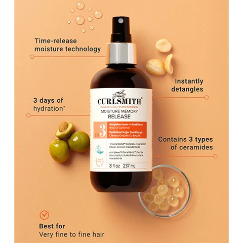 Image 1 - A Curlsmith Moisture Memory Release Weightless Leave-in Conditioner bottle is shown on a peach background with water droplets, macadamia nuts, olives, and a dish of ceramide beads, with accompanying text highlighting Time-release moisture technology, 3 days of hydration*, Instantly detangles, Contains 3 types of ceramides, and Best for Very fine to fine hair; the bottle text reads Curlsmith moisture recipe / recette hydratante Moisture Memory Release 3 STEP Weightless Leave-in Conditioner Wavy Or Curly Hair Revitalisant Léger Sans Rinçage Cheveux Ondulés Ou Bouclés Vegan logo Cruelty Free logo 1 TriCera Blend™ complex: resurrection flower, olive oil, macadamia oil complexe TriCera Blend™: fleur de résurrection, huile dolive, huile de macadamia 8 fl oz 237 mL. Image 2 - A smiling woman with curly hair holds a dark spray bottle, with text on the orange background reading 94% agree their curls are smoother and more defined after use, and the bottle label showing CURLSMITH MOISTURE MEMORY RELEASE 8 fl oz 237 ml. Image 3 - A hand sprays a Curlsmith hair product bottle, releasing a fine mist, against an orange background with the text TRICERA BLEND™ COMPLEX Contains 3 types of ceramides that restore the hairs natural lipid barrier to boost hydration and help control frizz, and the product bottle label reads CURLSMITH MOISTURE MEMORY RELEASE Weightless Leave-in Conditioner After-care for curly hair Benutzerfreundlicher Leave-in Conditioner zur Lockenpflege 3 in TriCera Blend™ Complex macadamia oil camellia oil & shea butter vegan 8 fl oz 237 mL. Image 4 - A brown spray bottle of Curlsmith Moisture Memory Release Weightless Leave-in Conditioner is shown against an orange background with water droplets and a green olive-like fruit, displaying text that reads Up to 3 DAYS of hydration* and on the bottle: Curlsmith, moisture recipe / recette hydratante, MOISTURE MEMORY RELEASE, 3 STEP, Weightless Leave-in Conditioner Wavy Or Curly Hair, Revitalisant Léger Sans Rinçage Cheveux Ondulés Ou Bouclés, TriCera Blend™ complex, resurrection flower, olive oil, macadamia oil, complexe TriCera Blend™ fleur de résurrection, huile dolive, huile de macadamia, Vegan, Cruelty Free, 8 fl oz. 237 ml. Image 5 - A smiling woman with long, dark, curly hair holds a Curlsmith Moisture Memory Release leave-in spray, with text on the orange background Instantly boosts curl hydration up to 6X* and text on the bottle Curlsmith Moisture Memory Release Leave-in Spray For Dry, Damaged Hair With Hyaluronic Acid & Andiroba. Image 6 - An advertisement displays two brown Curlsmith spray bottles, each 8 fl oz or 237 mL, with the old Moisture Memory Reactivator bottle on the left and the new Moisture Memory Release bottle (marked NEW FORMULA) on the right, against an orange background, with prominent text stating IMPROVED FORMULA, and lists of features below: WE KEPT YOUR FAVORITE THINGS: Lightweight formula, Moisturizing, Light conditioning, and AND REFINED THE FORMULA: Contains 3 types of ceramides, All-day moisture, Up to 72 hours nourished curls.