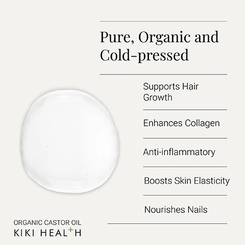 Image 1 - A white glob of product is displayed on a light background, with text reading Pure, Organic and Cold-pressed, Supports Hair Growth, Enhances Collagen, Anti-inflammatory, Boosts Skin Elasticity, Nourishes Nails, and Organic Castor Oil Kiki Health. Image 2 - A close-up of a person with long, wet, dark brown hair and a hand touching it, next to text that reads Hair, Boosts hair, lash, and brow growth, Nourishes scalp & hair, Strengthens follicles, Enhances shine & softness. Image 3 - A close-up of a persons face with eyes closed on a beige background with text that reads: Face, Hydrates and nourishes skin, Promotes collagen production, Improves elasticity and firmness, Reduces wrinkles and fine lines. Image 4 - A close-up of two hands with light pink manicured nails, next to text that reads: Nails. Strengthens nails & prevents breakage. Hydrates cuticles for growth. Adds shine and smoothness. Protects with nutrients.