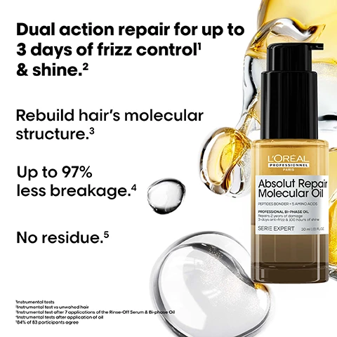 Image 2 - A LOréal Professionnel Absolut Repair Molecular Oil bottle with a black pump, featuring two distinct liquid layers, is shown on a white background surrounded by shimmering golden and clear liquid swirls and droplets with the text Dual action repair for up to 3 days of frizz control¹ & shine.² Rebuild hair’s molecular structure.³ Up to 97% less breakage.⁴ No residue.⁵ LORÉAL PROFESSIONNEL PARIS Absolut Repair Molecular Oil PEPTIDES BONDER + 5 AMINO ACIDS PROFESSIONAL BI-PHASE OIL Repairs 2 years of damage 3-days anti-frizz & 100 hours of shine SERIE EXPERT 30 ml 1.01 FL.OZ. ¹Instrumental tests ²Instrumental test vs unwahsed hair ³Instrumental test after 7 applications of the Rinse-Off Serum & Bi-phase Oil ⁴Instrumental tests after application of oil ⁵84% of 83 participants agree. Image 3 - A before and after image of a persons back showing long, light brown hair, with the left side labeled Before showing dull, frizzy hair and an inset close-up, and the right side labeled After showing shiny, wavy hair with an inset close-up, plus a bottle of LOREAL PROFESSIONNEL PARIS Absolut Repair Molecular Oil visible with the text PEPTIDES BONDER + 5 AMINO ACIDS PROFESSIONAL BI-PHASE OIL 97% LESS BREAKAGE & 12X SHINIER 100% hair strength & 160 hours of shine SERIE EXPERT 50ml 1.69 FL.OZ., and the text Not retouched at the bottom. Image 5 - The image shows a LOréal Professionnel Absolut Repair Molecular Leave-in Mask bottle against a white background, featuring the following text: Repairs 2 years of damages in one use¹, Rebuilds hair molecular structure², Heat protection up to 230°C/450°F³, Sulfate-free; the bottles label displays LORÉAL PROFESSIONNEL PARIS, Absolut Repair Molecular, PEPTIDES BONDER + 5 AMINO ACIDS, MASQUE PROFESSIONNEL SANS RINÇAGE Répare la structure moléculaire du cheveu Restaure force, élasticité et mouvement, PROFESSIONAL LEAVE-IN MASK Hair structure molecular repair system Restores strength, elasticity and movement, SERIE EXPERT, 50 ml 1.7 fl.oz., and footnotes detail: ¹Instrumental test on the fiber macromolecular structure after application of Absolut Repair Molecular Shampoo, Rinse-off Serum and Leave-in Mask, ²Instrumental test after 15 applications of Rinse-off Serum, ³Consumer test after application of shampoo + rinse-off serum + leave-in mask. Image 6 - An image showing three split-screen comparisons of different hair types (curly, straight, and wavy) looking smoother and more defined after treatment, next to three bottles of LOréal Professionnel Absolut Repair Molecular products, with visible text Before, After, Not retouched, The full Absolut Repair Molecular routine for very damaged hair, LOréal Professionnel Paris Absolut Repair Molecular, Professional Shampoo, Serum à rincer Molecular, Professional Leave-in Mask, and Serie Expert. Image 7 - An illustration on a dark background shows a golden beaded chain pulling a twisted brown structure through layered white strands, accompanied by text that reads: What happens to your hair when it is damaged? Damage happens at molecular level. Peptides are composed of amino acids & bonds holding them together. When peptides break, the damage can be irreversible, until now. Image 8 - The image displays a black background with an abstract molecular structure composed of glossy golden and iridescent spheres, along with a small inset showing a magnified hair fiber, accompanied by the text: THE TECH 2% Peptides bonder + 5 Amino acids Rebuilds hairs molecular structure¹. Inside the fibre. Restores hairs original strength¹, elasticity & movement². 1 Instrumental test after 15 applications of Rinse-Off Serum. 2 Consumer perception test after application of Shampoo + Rinse-Off Serum + Leave-In Mask.