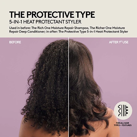 Image 1 - A split image shows a persons back with very curly, frizzy dark hair on the left labeled BEFORE, and smoother, wavy dark hair on the right labeled AFTER 1ST USE, accompanied by text that reads THE PROTECTIVE TYPE, 5-IN-1 HEAT PROTECTANT STYLER, Used in before: The Rich One Moisture Repair Shampoo, The Richer One Moisture Repair Deep Conditioner; in after: The Protective Type 5-in-1 Heat Protectant Styler, and an icon with text FOR ALL HAIR TYPES + TEXTURES. Image 2 - A before-and-after image shows the back of a person with long reddish-brown hair, with the left side displaying wavy, frizzier hair labeled BEFORE, and the right side showing smoother, straighter hair labeled AFTER 1ST USE, alongside text that reads THE PROTECTIVE TYPE 5-IN-1 HEAT PROTECTANT STYLER, Used here: The Rich One Moisture Repair Shampoo, The Richer One Moisture Repair Deep Conditioner, The Protective Type 5-in-1 Heat Protectant Styler, and a graphic with hair icons and the text FOR ALL HAIR TYPES + TEXTURES. Image 3 - A before and after image shows the back of a womans blonde hair, with the left side appearing frizzy and dull labeled BEFORE and the right side appearing smooth and shiny labeled AFTER 1ST USE, accompanied by text at the top reading THE PROTECTIVE TYPE 5-IN-1 HEAT PROTECTANT STYLER Used here: The Rich One Moisture Repair Shampoo, The Richer One Moisture Repair Deep Conditioner, The Protective Type 5-in-1 Heat Protectant Styler, and a circular icon at the bottom right stating FOR ALL HAIR TYPES + TEXTURES.