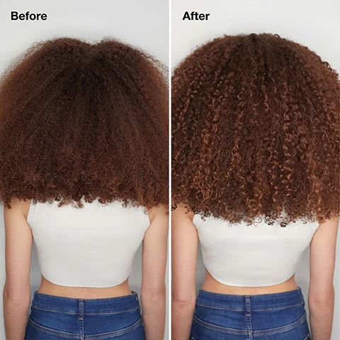 Image 1 - A side-by-side image shows a persons brown hair from the back, with the left panel displaying frizzy, voluminous hair labeled Before, and the right panel displaying defined, less voluminous curly hair labeled After. Image 2 - The image displays product features and benefits text on a light gray background with a large white liquid splash on the right: Features + Benefits, LIGHTWEIGHT FORMULA Detangles + helps strengthen strands, SUNFLOWER EXTRACT Helps shield strands from UV damage, REFRESHINGLY ENERGETIC SCENT Notes of orange, apple and bergamot.