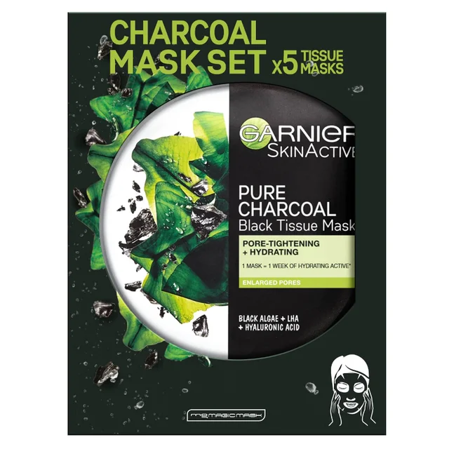 Garnier Charcoal and Algae Purifying and Hydrating Face Sheet Mask for Enlarged Pores (5 Pack)
