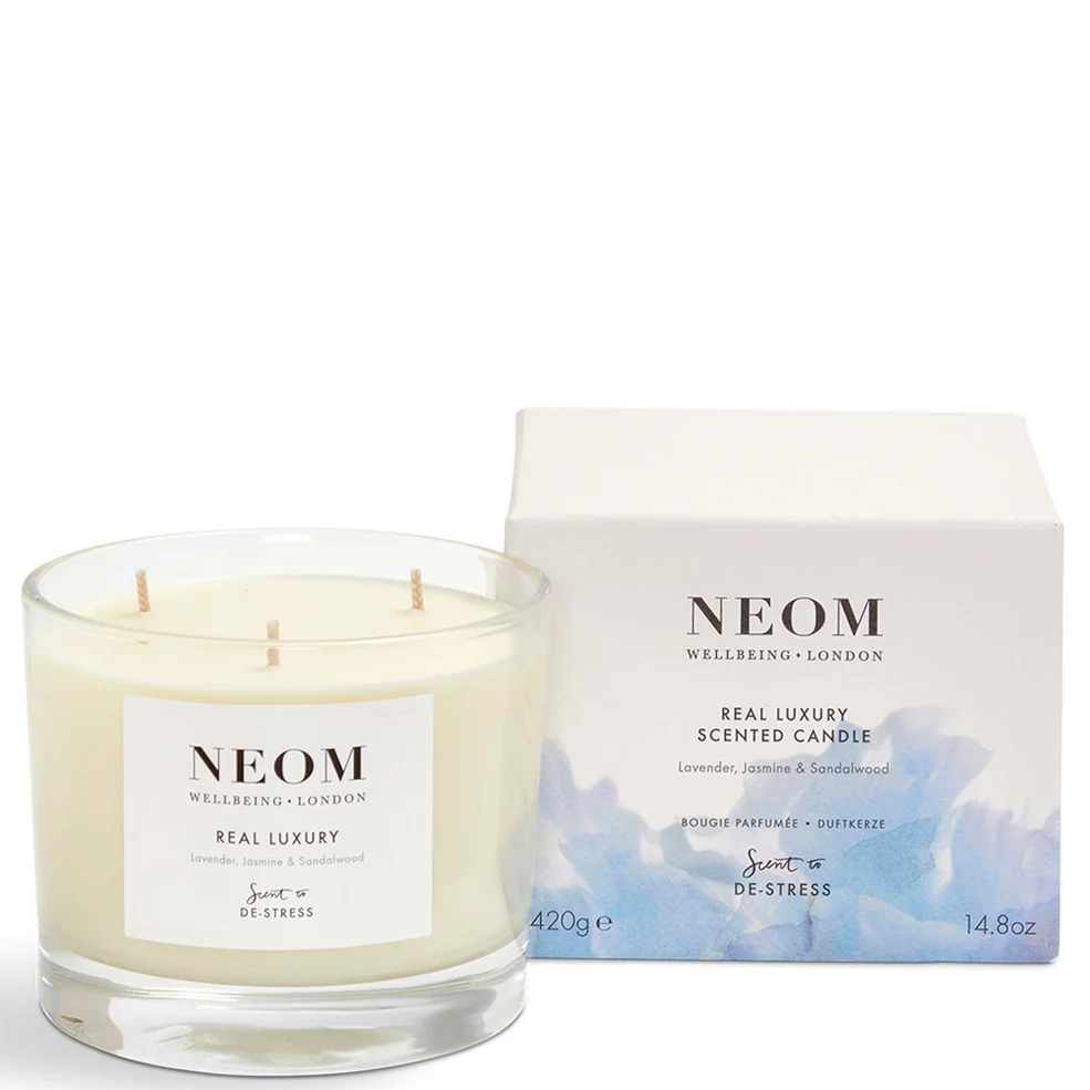 NEOM Wellbeing Real Luxury De-Stress Scented 3 Wick Candle Image 1