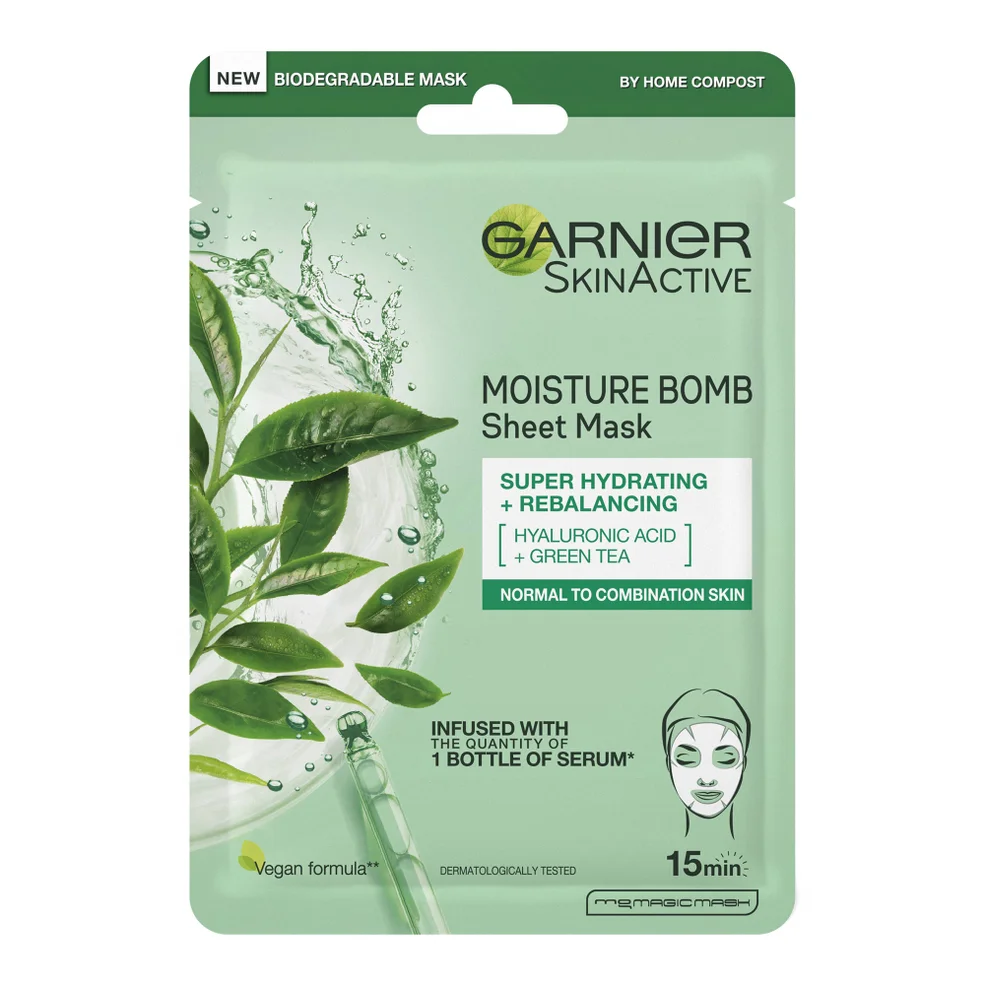 Garnier Moisture Bomb Green Tea Hydrating Face Sheet Mask for Combination Skin 32g Image 1