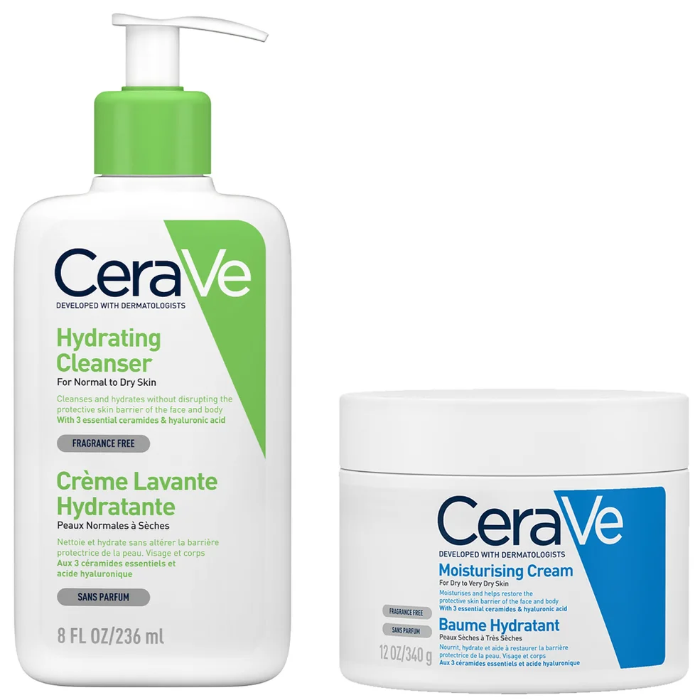 CeraVe Daily Deep Hydration 2-Step Routine for Normal to Dry Skin, Cleanser and Moisturiser with Hyaluronic Acid Image 1