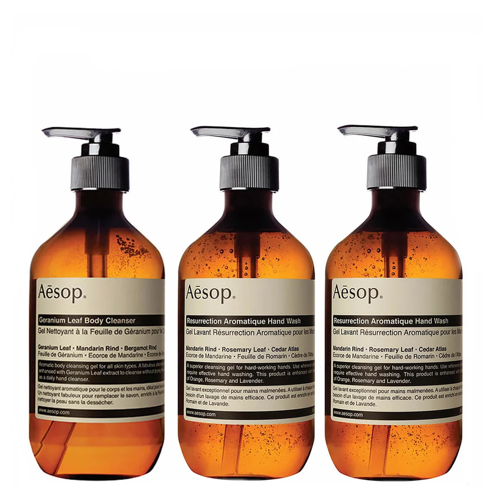 Aesop Geranium Cleanser, Resurrection and Reverence Hand Wash Bundle Image 1