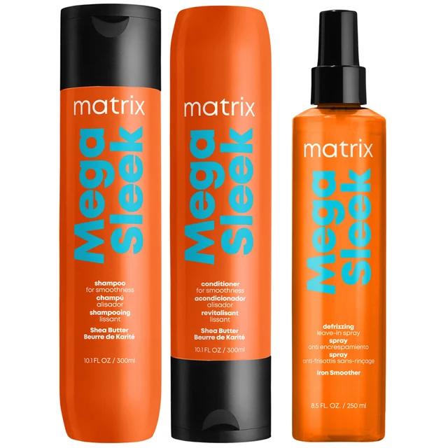 Matrix Mega Sleek Shea Butter Smoothing Shampoo, Conditioner and Iron Smoother Heat Protection Routine for Frizzy Hair